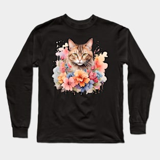 A cat decorated with beautiful watercolor flower Long Sleeve T-Shirt